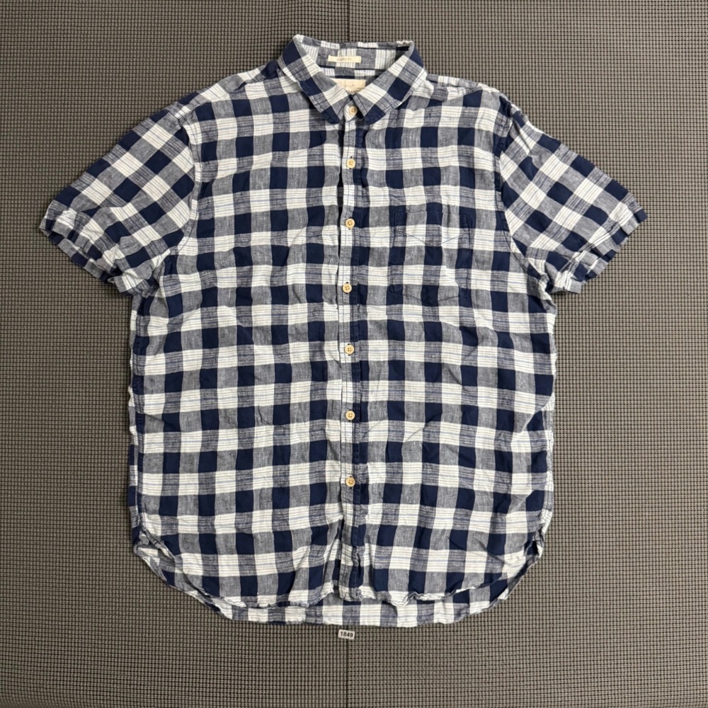 Lucky Brand Mens Blue White Plaid Short Sleeve Button Down Shirt L
